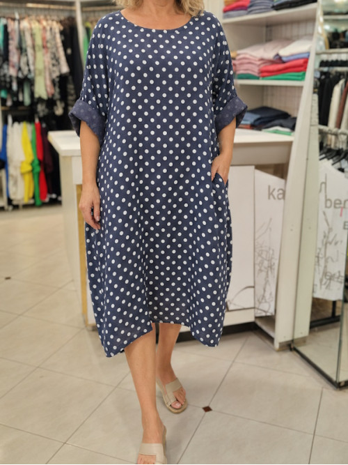 Lanena obleka P6316 modra