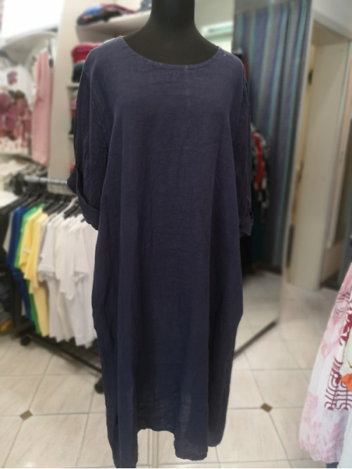 Lanena poletna obleka S5128 temno modra