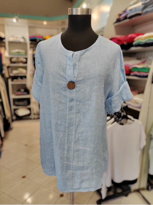 Lanena majica P6166 svetlo modra