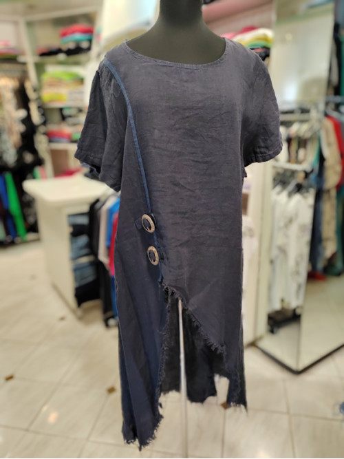 Modna lanena tunika P6183 temno modra