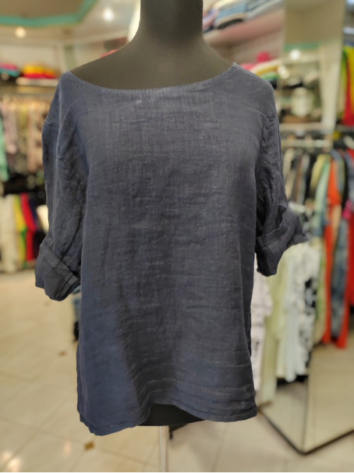 Lanena majica s kratkimi rokavi P6119 temno modra