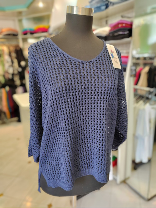 Tanek mrežast pulover s 3-4 rokavi P6032 moder